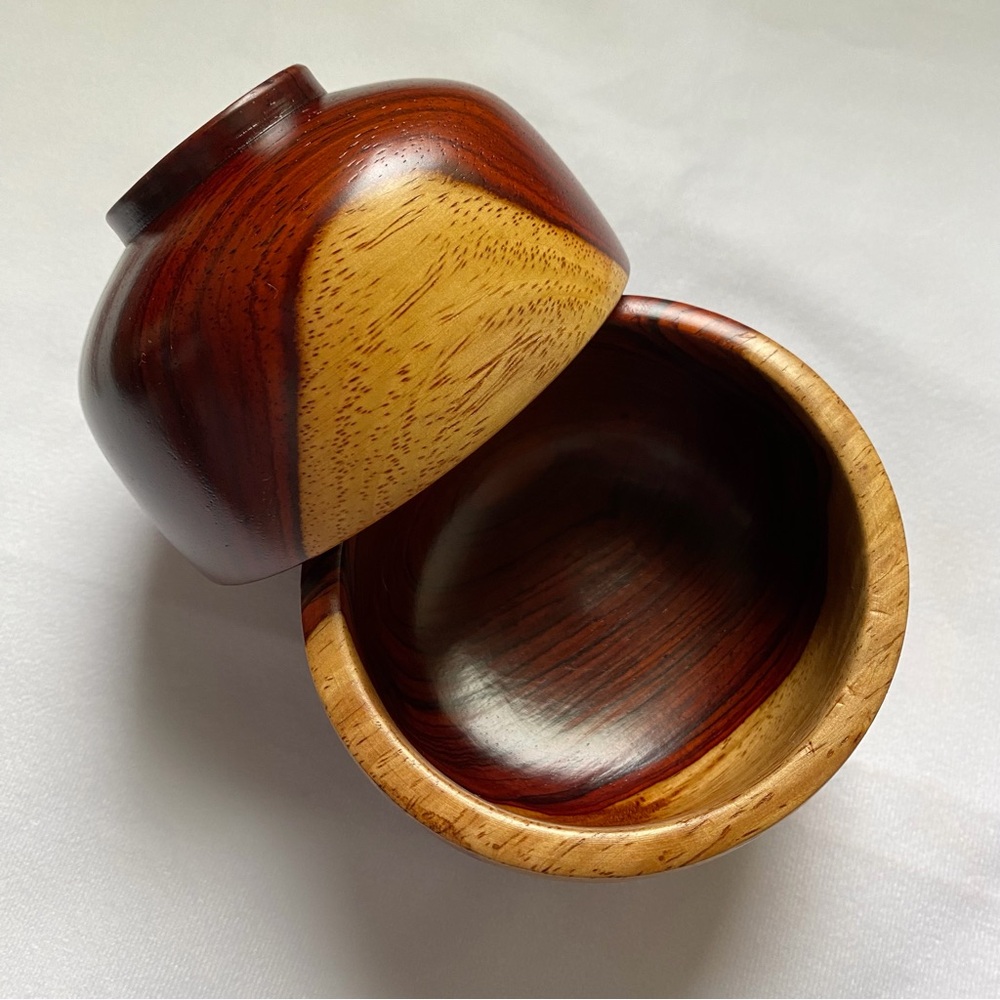 Vintage Wooden Double Bowl Set with Spoon - Rich Brown and Natural Wood Trim - Picture 4 of 12